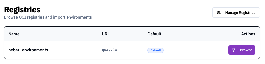 Registries tab showing the nebari-environments registry